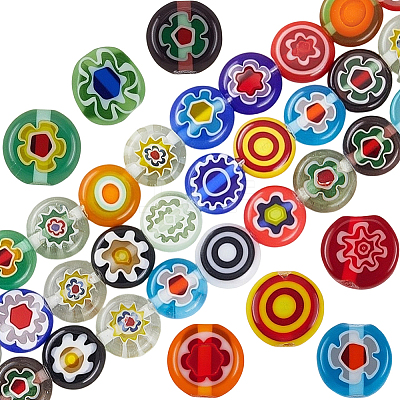 3 Strands Flat Round Handmade Millefiori Glass Beads Strands LAMP-LT0001-15B-1