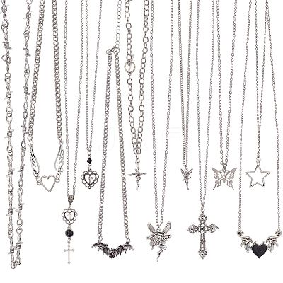 12Pcs 12 Style Heart & Cross & Butterfly & Bat Alloy Enamel Pendant Necklaces Set with Rhinestone NJEW-FI0001-03-1