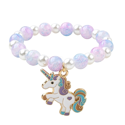 Glass Beaded Stretch Bracelet with Alloy Enamel Unicorn Charm for Kids BJEW-JB09555-1