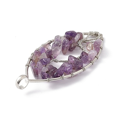 Leaf Natural Amethyst Copper Wire Wrapped Chip Big Pendants G-E195-01P-02-1
