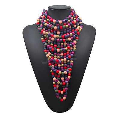 Round Wood Beaded Multi Layered Bib Necklaces for Women FS-WG9E278-01-1