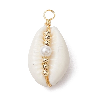 Natural Cowrie Shell Copper Wire Wrapped Pendants X-PALLOY-JF02277-03-1