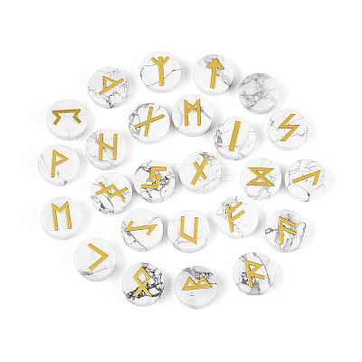 Brass Elder Futhark Alphabet Engraved Symbol Flat Round Natural Howlite Rune Stones G-I373-01F-1