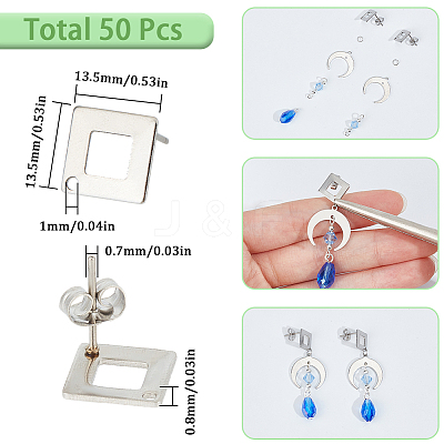 50Pcs 304 Stainless Steel Stud Earring Findings STAS-SC0008-58-1