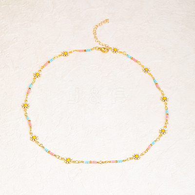 Bohemian Beach Vacation Brass Enamel Sunflower Handmade Link Chain Necklaces Women's Date Gift HM4276-1