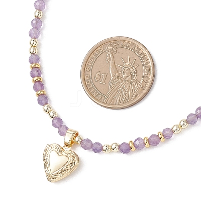 3Pcs 3 Styles Brass Heart Locket Pendant Faceted Round Natural Amethyst & Rose Quartz & Dyed Agate Beaded Necklaces NJEW-JN05737-1