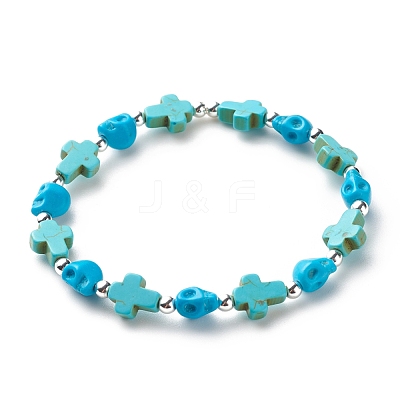 Synthetic Turquoise(Dyed) Cross & Skull Beaded Stretch Bracelet BJEW-JB08451-04-1