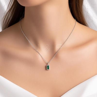 Vintage 304 Stainless Steel Emerald Rhinestone Rectangle Pendant Necklaces for Women NI1330-2-1
