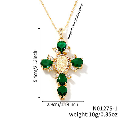 Brass Pave Cubic Zirconia Virgin Mary Cross Pendant Necklaces FU1040-1-1