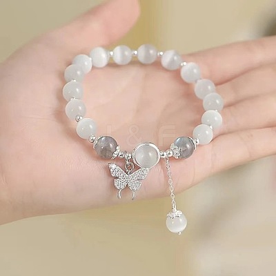 Butterfly Alloy & Cat Eye & Natural Moonstone Round Beaded Charm Bracelets for Women WG9D4EC-01-1