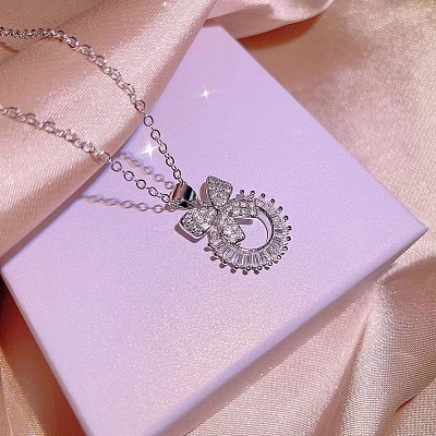 Bowknot & Ring Alloy Clear Cubic Zirconia Pendant Necklace & Stud Earring & Cuff Ring Sets FS-WG09EB0-01-1