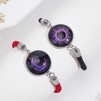 1 Set 2Pcs Valentine's Day Luminous 304 Stainless Steel Glass Flat Round Link Bracelet Sets BJEW-LP0001-35B-1