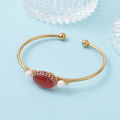 Wire Wrapped Natural Agate Cuff Bangles BJEW-TA00742-02-1