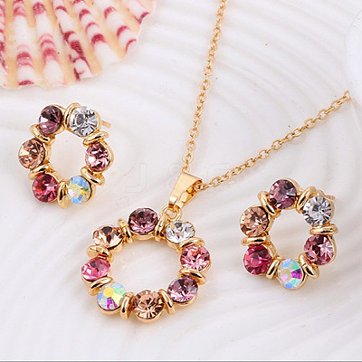 Ring Alloy Rhinestone Pendant Necklace & Stud Earrings Sets WG4EA96-02-1