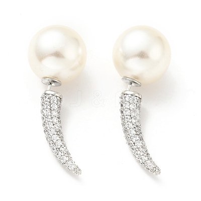 Clear Cubic Zirconia Horn with Acrylic Pearl Front Back Stud Earrings EJEW-G295-02A-P-1