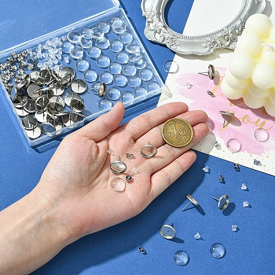 160Pcs 4 Styles Flat Round 304 Stainless Steel Stud Earring Settings with Transparent Glass Cabochons with 304 Stainless Steel Ear Nuts with Plastic Ear Nuts FIND-YW0005-37-1