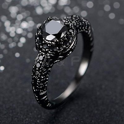Flat Round Brass Jet Rhinestone Finger Rings FS-WG232E0-02-1