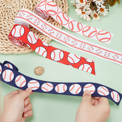 20 Yards 4 Styles Baseball Print Polyester Grosgrain Ribbon OCOR-PH0004-08-1