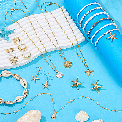 Ocean Theme Brass & 304 Stainless Steel Necklaces & Bracelets & 304 Stainless Steel Earring & Brass Cuff Rings Sets SJEW-PH00008-1