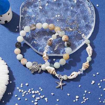2Pcs 2 Style Natural Amazonite & Glass & Shell Stretch Bracelets with Tortoise BJEW-JB10091-01-1