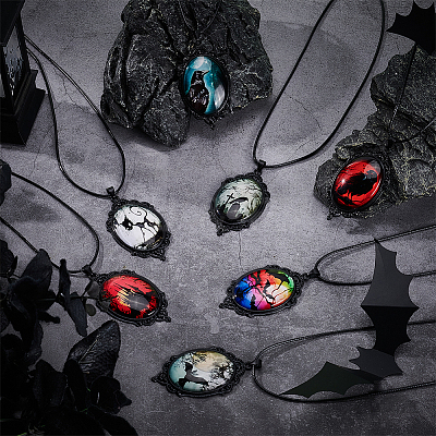 12Pcs 12 Colors Gothic Zinc Alloy & Glass Oval Pendant Black PU Leather Cord Necklaces NJEW-WR0001-08-1