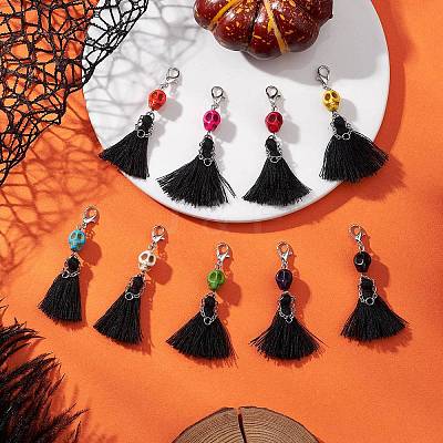 Dyed Synthetic Turquoise Halloween Skull & Polycotton Tassel Pendant Decorations HJEW-JM03899-1