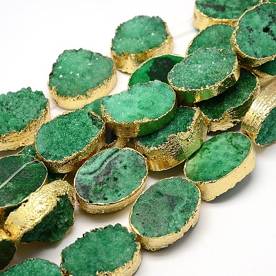 Golden Plated Dyed Oval Natural Drusy Quartz Crystal Beads Strands G-F144-06-1