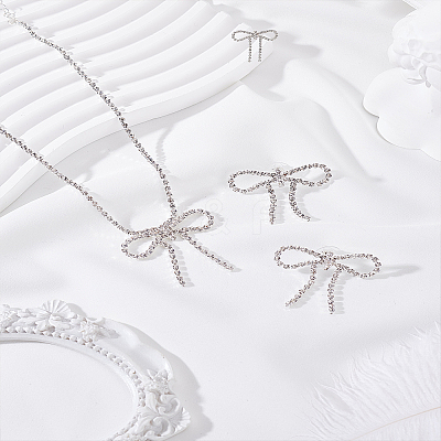 Bowknot Rhinestone Pendant Necklaces & Stud Earrings Sets SJEW-LP0001-53-1