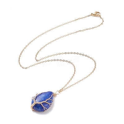 Natural Gemstone Teardrop with Tree Pendant Necklaces NJEW-JN03869-1