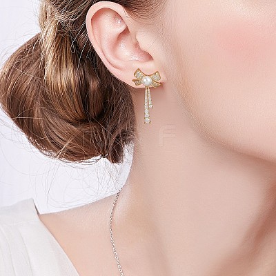 Clear Cubic Zirconia Bowknot Dangle Stud Earrings with Imitation Pearl Beaded JE1094A-1