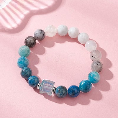 Natural Rainbow Moonstone & Black Rutilated Quartz & Apatite & Hemimorphite Beads Stretch Bracelets for Women Men BJEW-TA00745-1