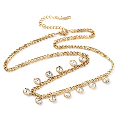 304 Stainless Steel Rhinestone Flat Round Tassel Twisted Chain Necklaces for Women NJEW-V010-01G-03-1
