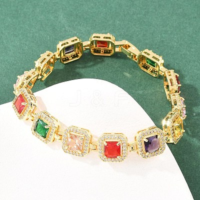 Square Brass Micro Pave Clear Cubic Zirconia and Glass Link Chain Bracelets BJEW-T025-04G-02-1