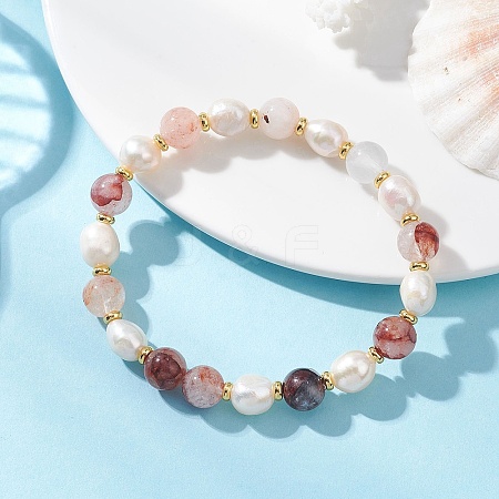 Natural Red Ferruginous Quartz & Cultured Freshwater Pearl Beads Stretch Bracelets for Women BJEW-JB13258-1