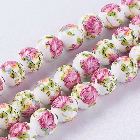 Handmade Flower Printed Porcelain Ceramic Beads Strands PORC-J006-A03-1