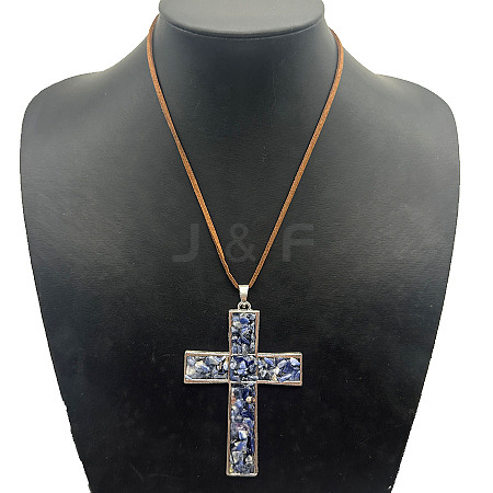 Eco-friendly Zinc Alloy & Natural Chip Blue Spot Jasper Handmade Cross Pendant Cord Necklaces for Women Men RL5831-3-1