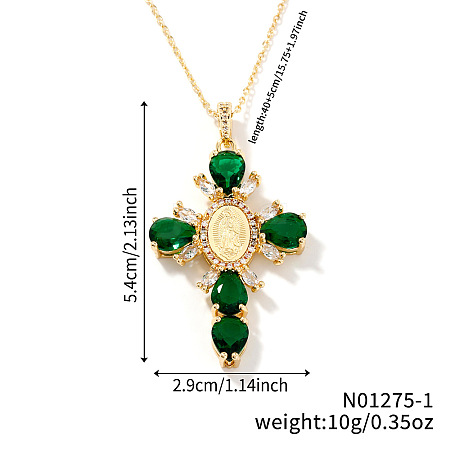 Brass Pave Cubic Zirconia Virgin Mary Cross Pendant Necklaces FU1040-1-1