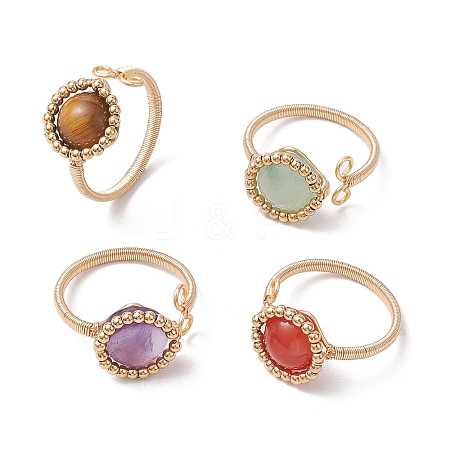 4Pcs Copper Wire Wrapped Half Round Natural Agate & Green Aventurine & Amethyst & Tiger Eye Cuff Rings for Women RJEW-TA00137-1