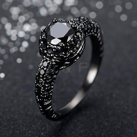 Flat Round Brass Jet Rhinestone Finger Rings FS-WG232E0-02-1