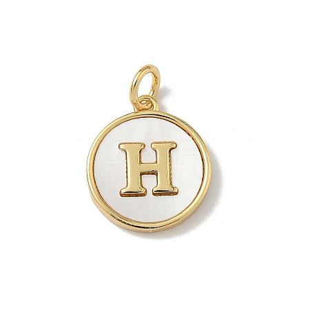 Brass Pave Natural Shell Flat Round with Letter Charms KK-Z115-13G-H-1