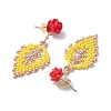 Rose with Leaf Seed Beads Stud Earrings EJEW-MZ00222-01-4