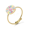 Ion Plating(IP) Flat Round with Flower 304 Stainless Steel Enamel Ring RJEW-A038-07G-1