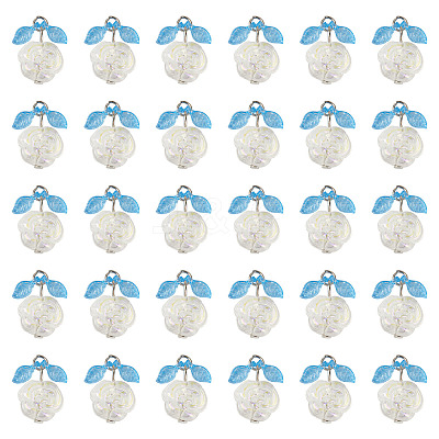 30Pcs Transparent Glass Flower Pendants with Deep Sky Blue Acrylic Leaf PALLOY-TAC0241-1
