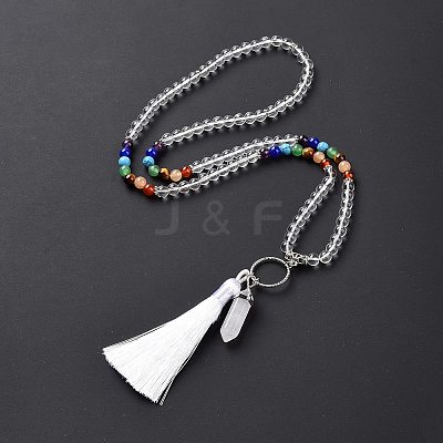 Natural Quartz Crystal Bullet & Tassel Pendant Necklace with Mixed Gemstone Beaded Chains NJEW-E585-02G-1