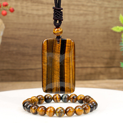 Natural Tiger Eye Round Beads Bracelets & Rectangle Pendant Necklaces Sets for Women WGAB457-01-1