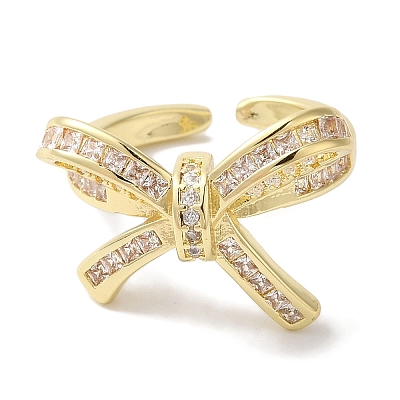 Bowknot Brass Micro Pave Clear Cubic Zirconia Open Cuff Rings for Women LS-RJEW-C098-26G-1