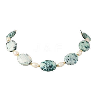 Adjustable Natural Fire Crackle Agate(Dyed & Heated) Oval and Pearl Braided Bead Necklaces NJEW-JN06570-1