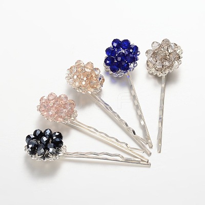Brass Electroplate Glass Bead Flower Hair Bobby Pins PHAR-JH00048-1