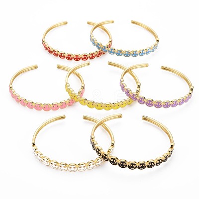 Smiling Face Enamel Cuff Bangle BJEW-S141-09-1