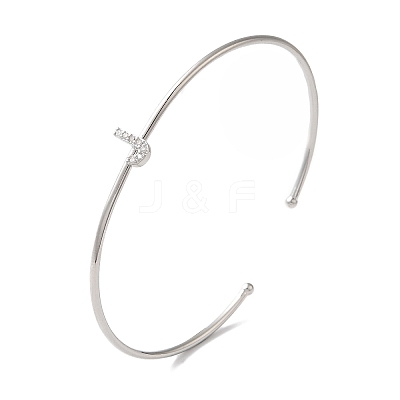 Rack Plating Brass Micro Pave Clear Cubic Zirconia Letter Open Cuff Bangles BJEW-A018-01P-J-1